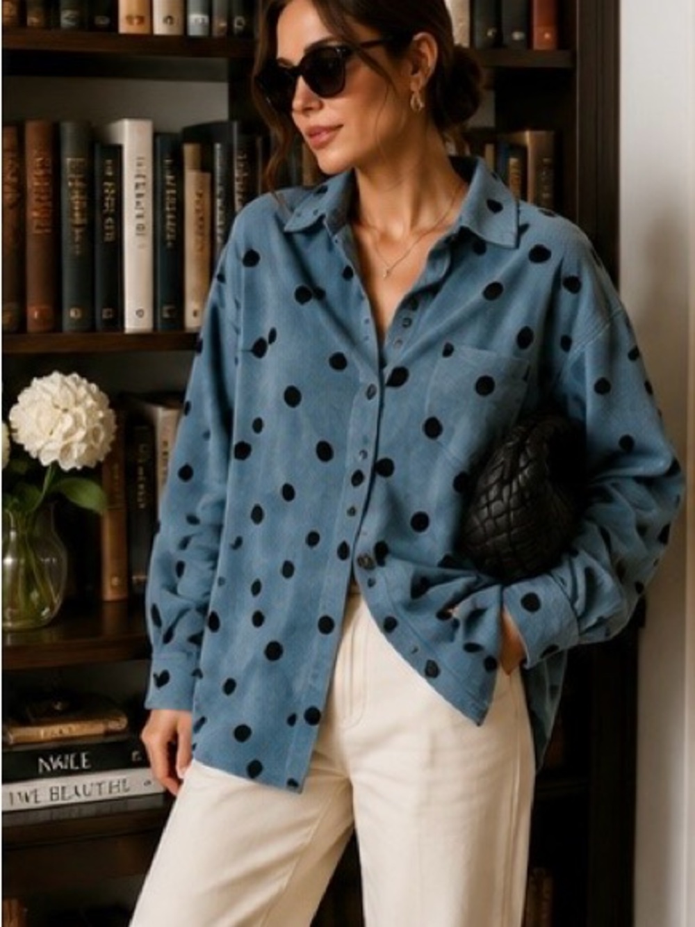 Zara Blue Polka Dot Button-Down Shirt - Oversized -Large